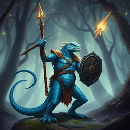 A striking Lizardman warrior with vivid blue scales, confidently wielding a quistaff in one hand and a small shield adorned with holy symbols in the other