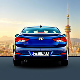 A blue 2012 Hyundai Elantra with the license plate '77ВС988', set against the captivating backdrop of BAKİ