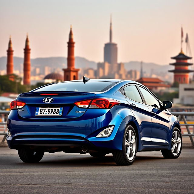 A blue 2012 Hyundai Elantra with the license plate '77ВС988', set against the captivating backdrop of BAKİ