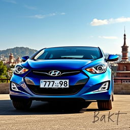 A blue 2012 Hyundai Elantra with the license plate '77ВС988', set against the captivating backdrop of BAKİ