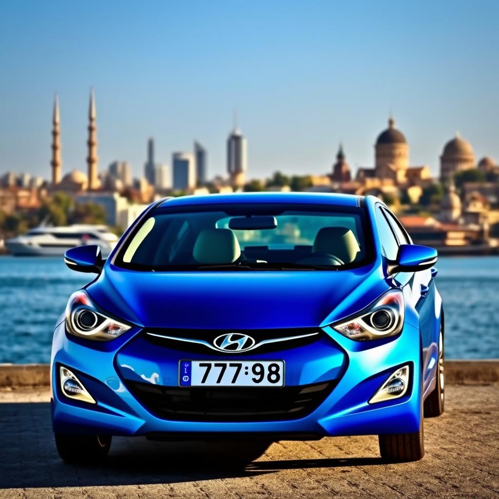 A blue 2012 Hyundai Elantra with the license plate '77ВС988', prominently featured against the stunning backdrop of Baku