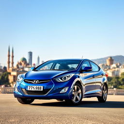 A blue 2012 Hyundai Elantra with the license plate '77ВС988', prominently featured against the stunning backdrop of Baku