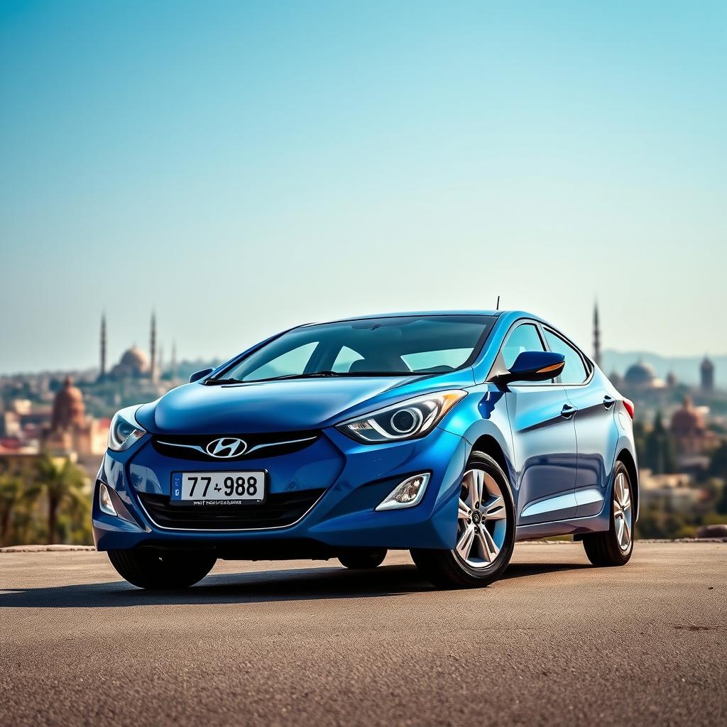 A blue 2012 Hyundai Elantra with the license plate '77ВС988', prominently featured against the stunning backdrop of Baku