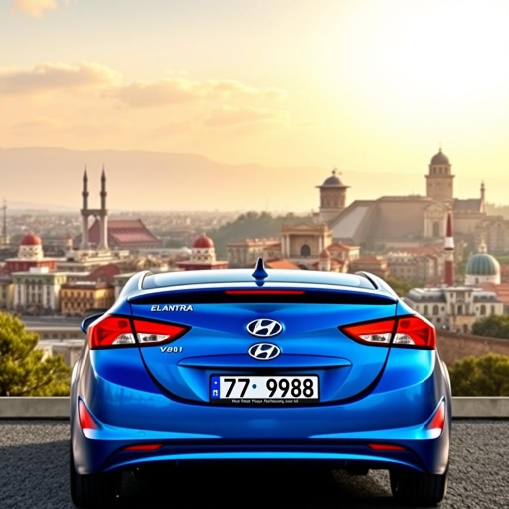 A blue 2012 Hyundai Elantra with license plate '77ВС988', beautifully set against the backdrop of the city of Baku