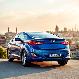 A blue 2012 Hyundai Elantra with license plate '77ВС988', beautifully set against the backdrop of the city of Baku