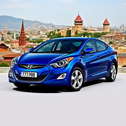 A blue 2012 Hyundai Elantra with license plate '77ВС988', beautifully set against the backdrop of the city of Baku