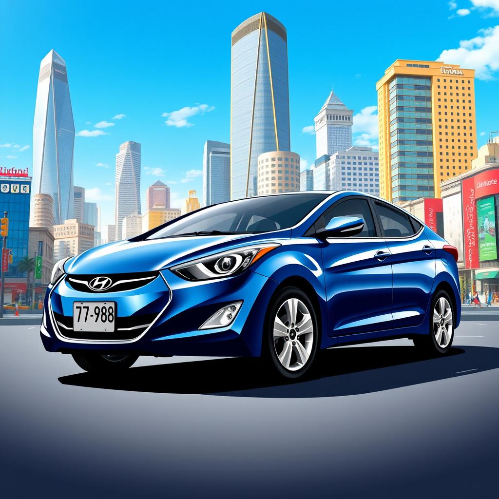 A blue 2012 Hyundai Elantra with the license plate '77ВС988', prominently displayed against a vibrant cityscape background