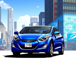 A blue 2012 Hyundai Elantra with the license plate '77ВС988', prominently displayed against a vibrant cityscape background