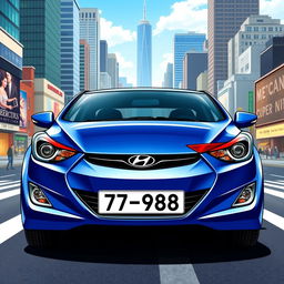 A blue 2012 Hyundai Elantra with the license plate '77ВС988', prominently displayed against a vibrant cityscape background