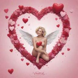 Create an epic poster with the theme 'Paradise of Love', featuring hearts and a Cupid. The main colors should be pink, white, and red