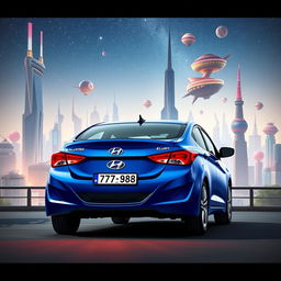 A blue 2012 Hyundai Elantra with the license plate '77ВС988', artistically placed against a fantasy cityscape backdrop of the imagined city of Ceberpanc