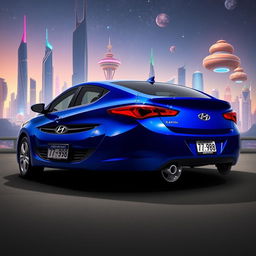 A blue 2012 Hyundai Elantra with the license plate '77ВС988', artistically placed against a fantasy cityscape backdrop of the imagined city of Ceberpanc