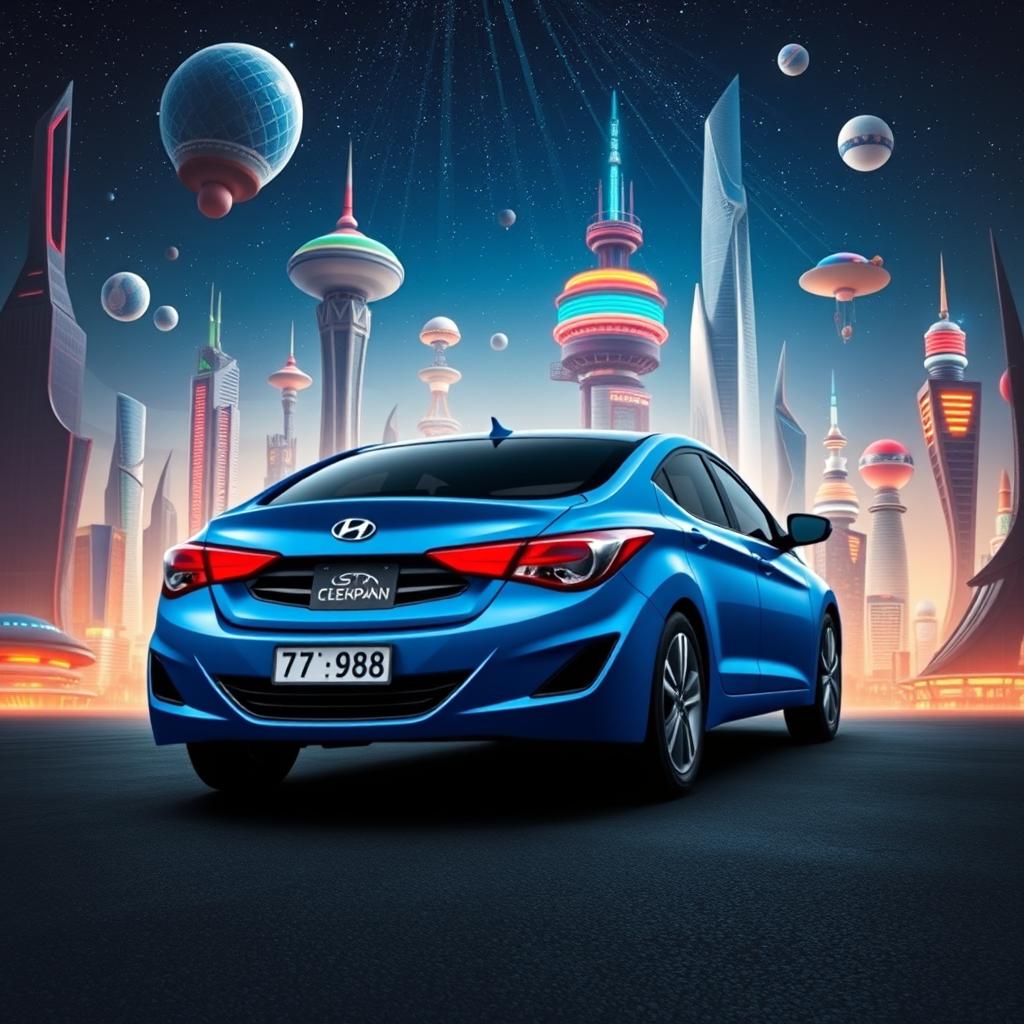 A blue 2012 Hyundai Elantra with the license plate '77ВС988', artistically placed against a fantasy cityscape backdrop of the imagined city of Ceberpanc