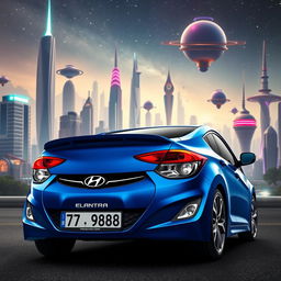 A blue 2012 Hyundai Elantra with the license plate '77ВС988', artistically placed against a fantasy cityscape backdrop of the imagined city of Ceberpanc