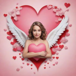 Create an epic poster with the theme 'Paradise of Love', featuring hearts and a Cupid. The main colors should be pink, white, and red