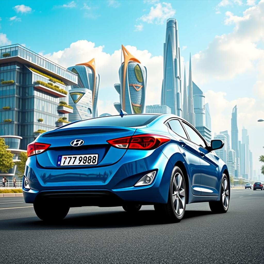 A blue 2012 Hyundai Elantra with the license plate '77ВС988', creatively positioned against the imaginative backdrop of the fictional city of Kebergpanc