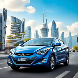 A blue 2012 Hyundai Elantra with the license plate '77ВС988', creatively positioned against the imaginative backdrop of the fictional city of Kebergpanc