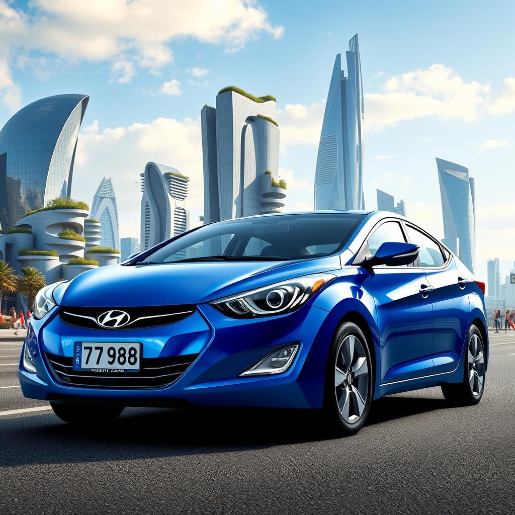 A blue 2012 Hyundai Elantra with the license plate '77ВС988', creatively positioned against the imaginative backdrop of the fictional city of Kebergpanc