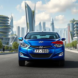 A blue 2012 Hyundai Elantra with the license plate '77ВС988', creatively positioned against the imaginative backdrop of the fictional city of Kebergpanc