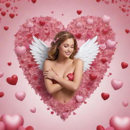 Create an epic poster with the theme 'Paradise of Love', featuring hearts and a Cupid. The main colors should be pink, white, and red