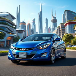 A blue 2012 Hyundai Elantra with the license plate '77ВС988', prominently showcased against the imaginative backdrop of the fictional city of KEBERGPANC