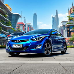 A blue 2012 Hyundai Elantra with the license plate '77ВС988', prominently showcased against the imaginative backdrop of the fictional city of KEBERGPANC