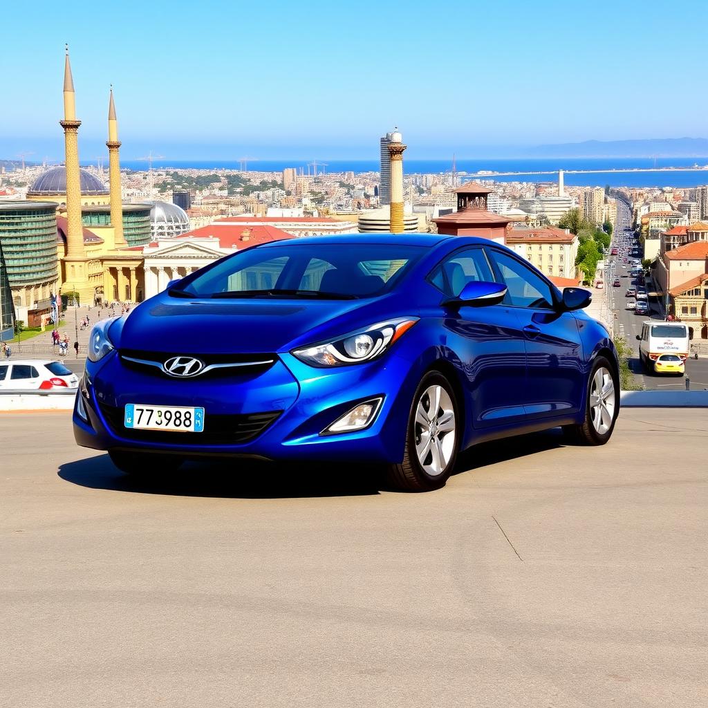 A blue 2012 Hyundai Elantra with the license plate '77ВС988', prominently showcased against the bustling cityscape of Baku