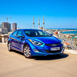 A blue 2012 Hyundai Elantra with the license plate '77ВС988', prominently showcased against the bustling cityscape of Baku