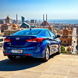 A blue 2012 Hyundai Elantra with the license plate '77ВС988', prominently showcased against the bustling cityscape of Baku