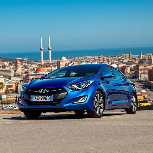 A blue 2012 Hyundai Elantra with the license plate '77ВС988', prominently showcased against the bustling cityscape of Baku