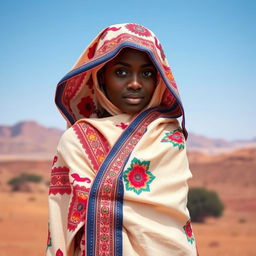 A young Mauritanian woman gracefully posed, wearing traditional Mauritanian attire with vibrant patterns