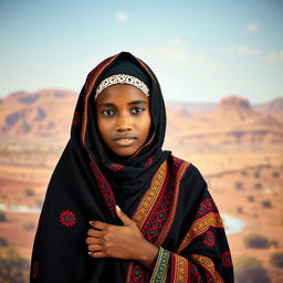 A young Mauritanian woman gracefully posed, wearing traditional Mauritanian attire with vibrant patterns