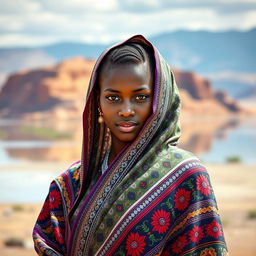 A young Mauritanian woman gracefully posed, wearing traditional Mauritanian attire with vibrant patterns