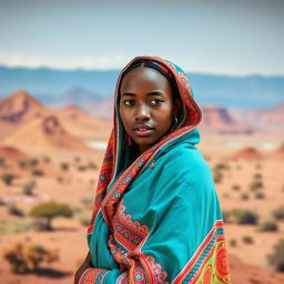 A young Mauritanian woman gracefully posed, wearing traditional Mauritanian attire with vibrant patterns