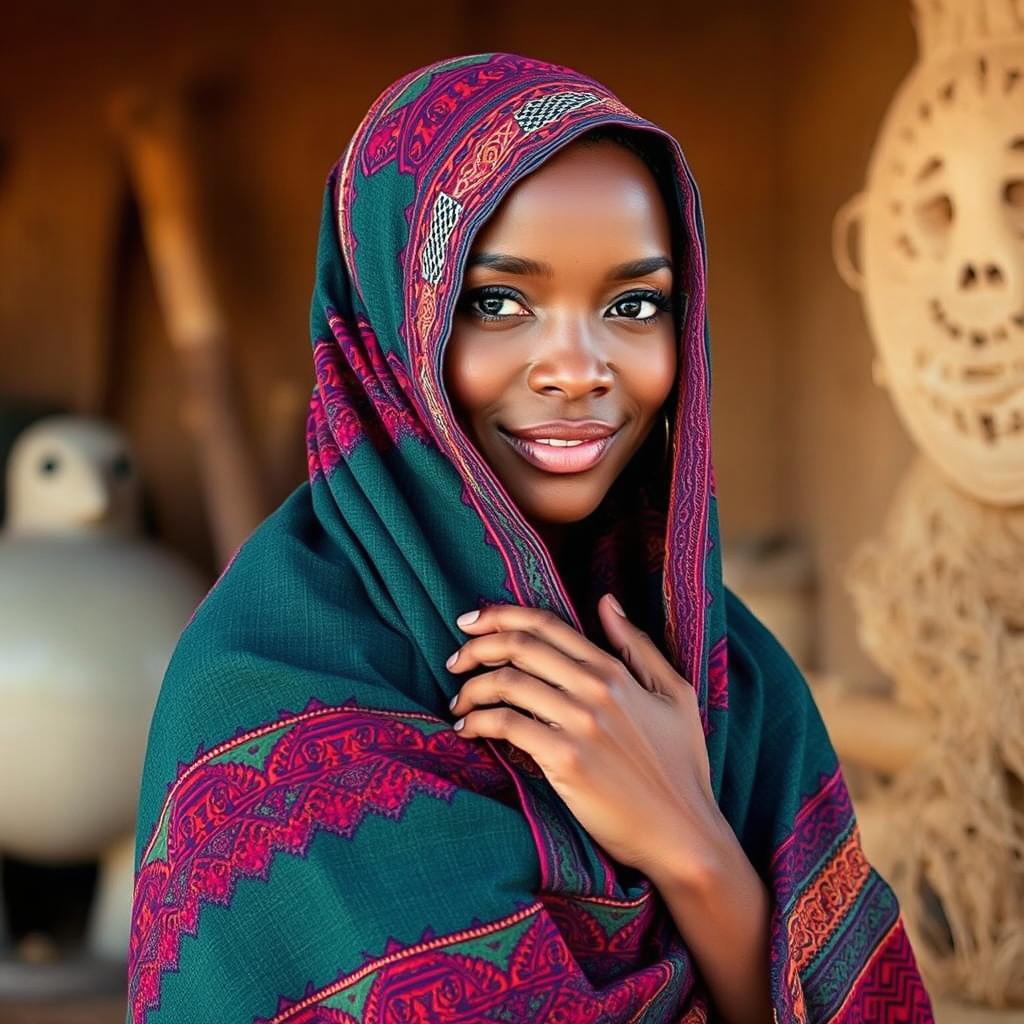 A Mauritanian woman posed gracefully in a traditional setting, adorned with Mauritanian fabric used as an elegant drape, highlighting her natural beauty