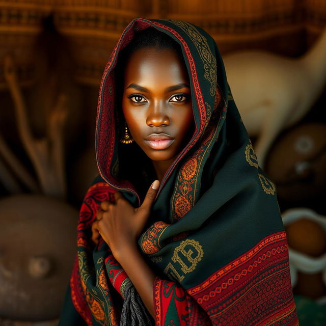 A Mauritanian woman posed gracefully in a traditional setting, adorned with Mauritanian fabric used as an elegant drape, highlighting her natural beauty