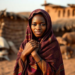 A Mauritanian woman posed gracefully in a traditional setting, adorned with Mauritanian fabric used as an elegant drape, highlighting her natural beauty