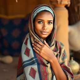 A Mauritanian woman posed gracefully in a traditional setting, adorned with Mauritanian fabric used as an elegant drape, highlighting her natural beauty