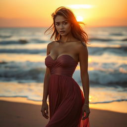 A captivating sunset beach scene with a sensual, attractive woman in a glamorous flowing dress, gently windswept hair, and an elegant pose