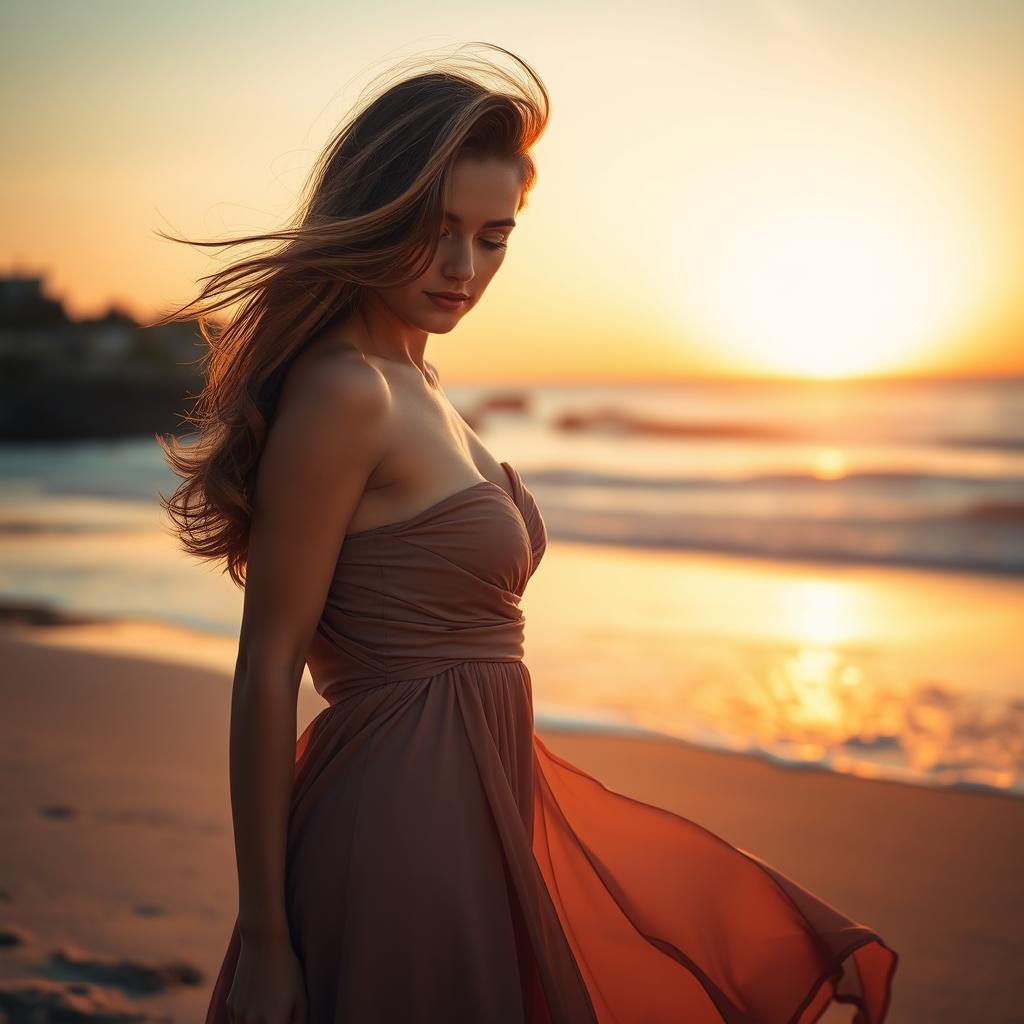 A captivating sunset beach scene with a sensual, attractive woman in a glamorous flowing dress, gently windswept hair, and an elegant pose