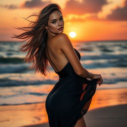 A captivating sunset beach scene with a sensual, attractive woman in a glamorous flowing dress, gently windswept hair, and an elegant pose