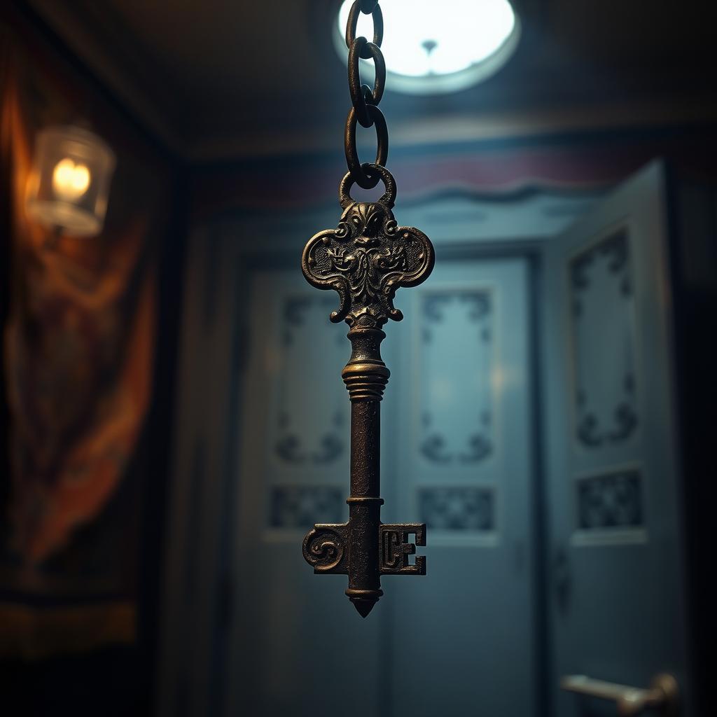 A mysterious and captivating portrait of an antiquated key with ornate engravings, hanging from an elegant and rusted iron chain