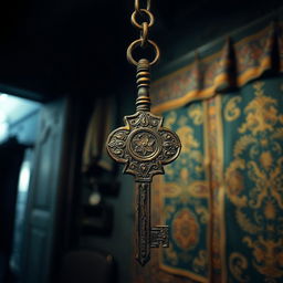 A mysterious and captivating portrait of an antiquated key with ornate engravings, hanging from an elegant and rusted iron chain