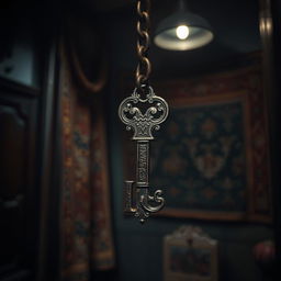 A mysterious and captivating portrait of an antiquated key with ornate engravings, hanging from an elegant and rusted iron chain