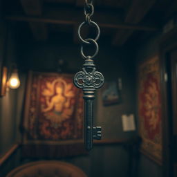 A mysterious and captivating portrait of an antiquated key with ornate engravings, hanging from an elegant and rusted iron chain