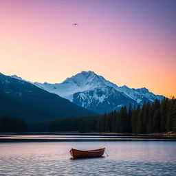 Landscape with a serene lake reflecting majestic snow-capped mountains in the background