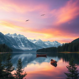 Landscape with a serene lake reflecting majestic snow-capped mountains in the background