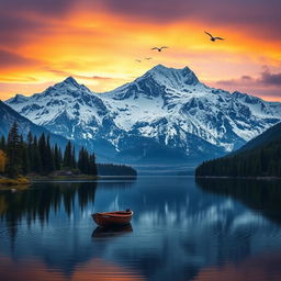 Landscape with a serene lake reflecting majestic snow-capped mountains in the background