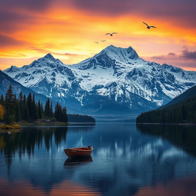 Landscape with a serene lake reflecting majestic snow-capped mountains in the background