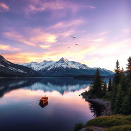 Landscape with a serene lake reflecting majestic snow-capped mountains in the background